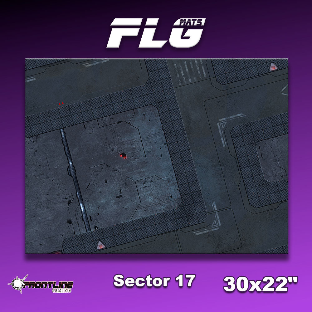 Rectangular gaming mat printed with a dark gray sci-fi industrial floor design, geometric panels, gridded sections and small red lights. The product graphic reads “FLG,” “Sector 17” and “30x22” beside a Frontline Gaming logo.