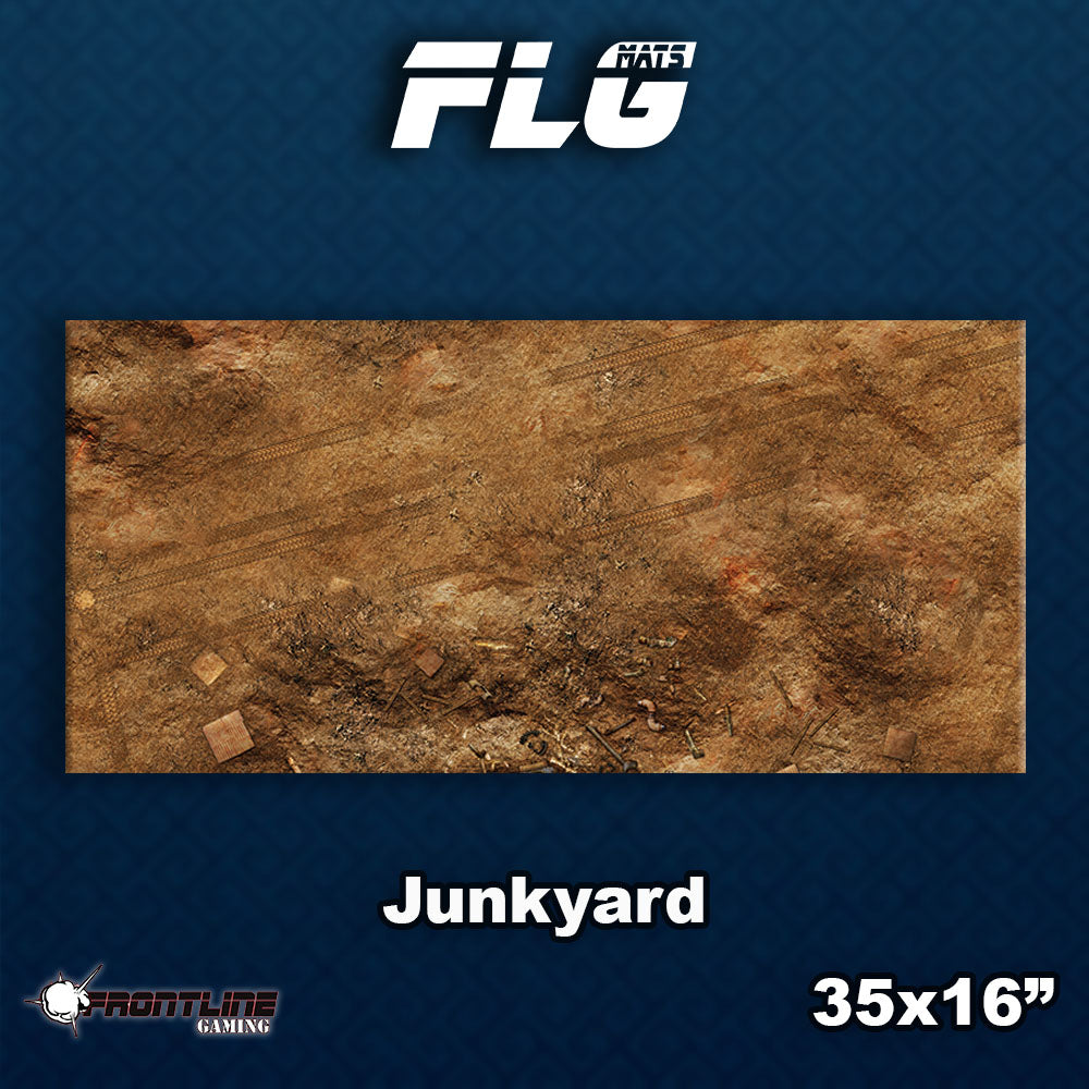 Rectangular gaming mat shown from above, printed with a distressed brown junkyard scene of dirt, tire tracks, debris and scattered scrap. The graphic reads “Junkyard” and “35x16”,” with “FLG” and “FRONTLINE GAMING” logos on a dark blue background.