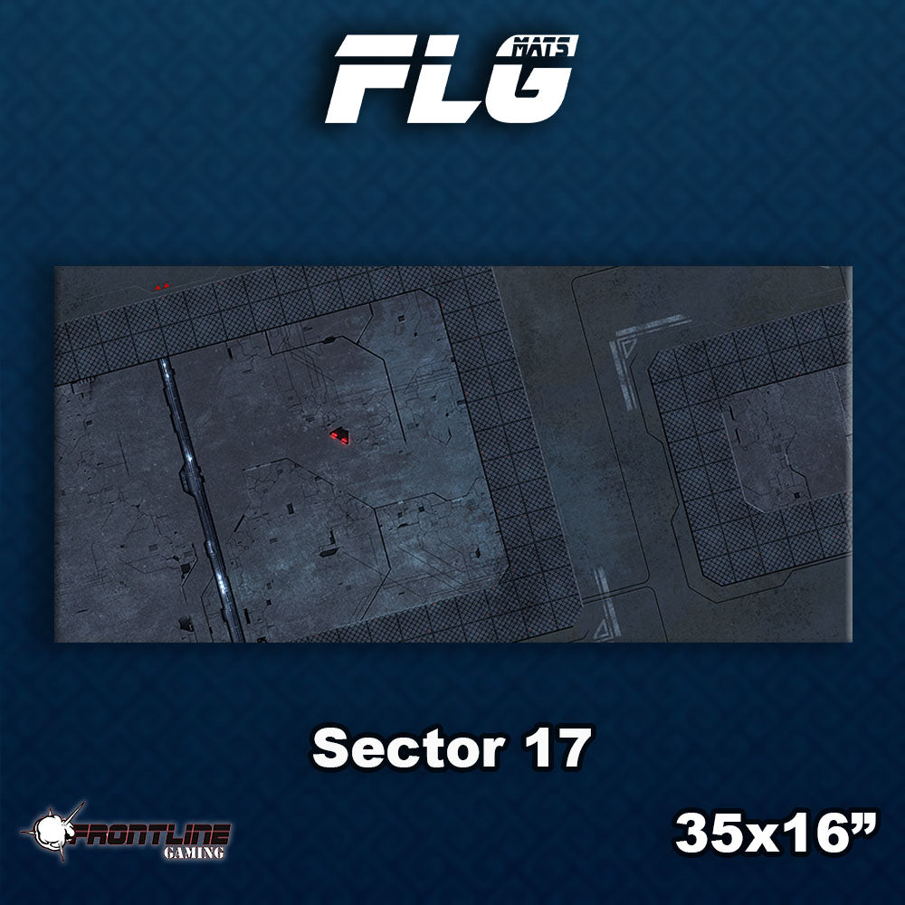 Sector 17 gaming mat shown as a wide preview, with a dark gray sci-fi floor pattern, fine grid lines, panel outlines and small red accents. The graphic includes the logos “FLG MATS” and “Frontline Gaming,” plus the text “Sector 17” and “35x16”.