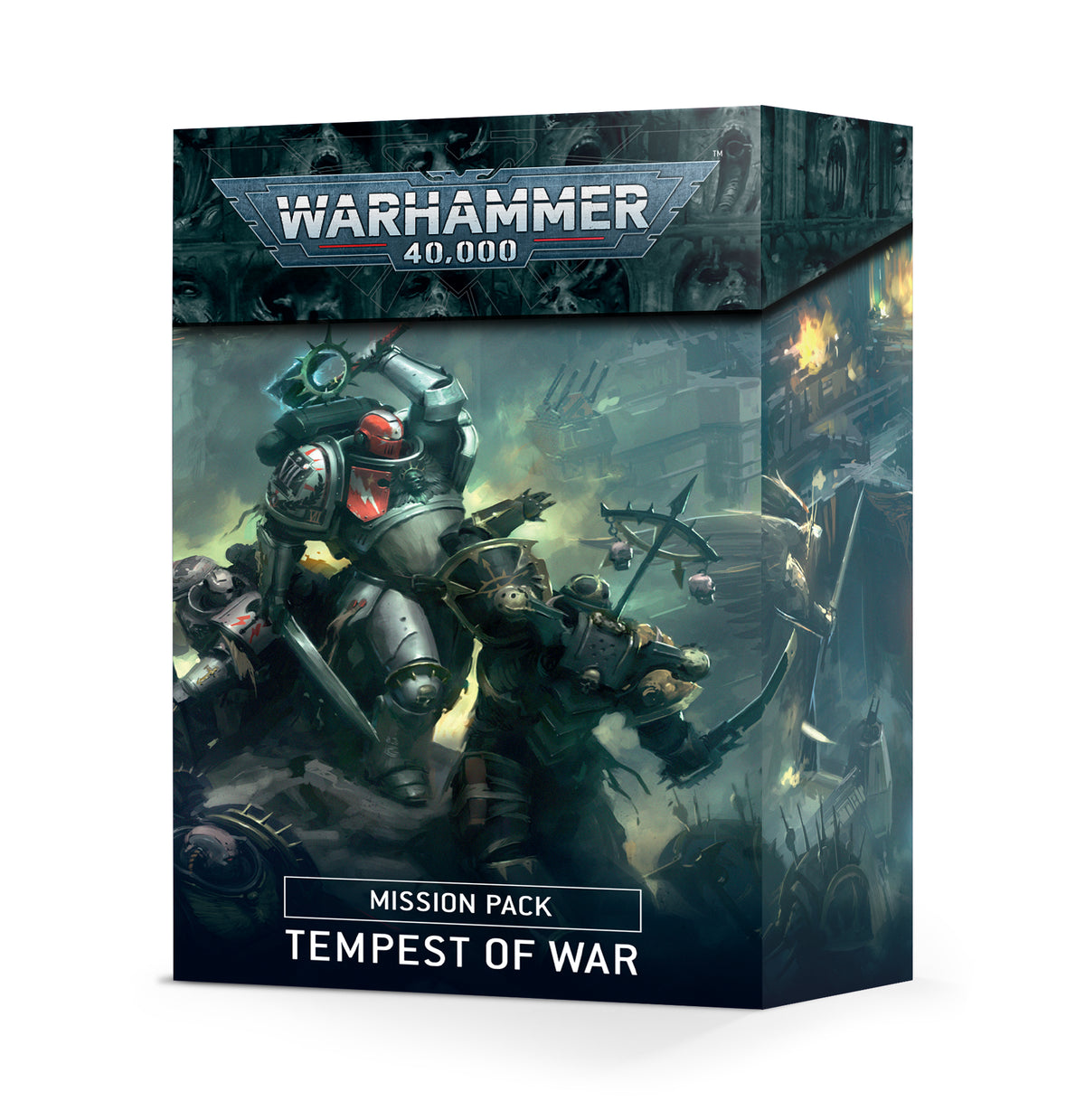 Warhammer 40,000: Tempest of War card deck box shown upright, with dark teal battlefield artwork of armored sci-fi soldiers and flames. The front prominently reads “WARHAMMER 40,000,” “MISSION PACK,” and “TEMPEST OF WAR.”