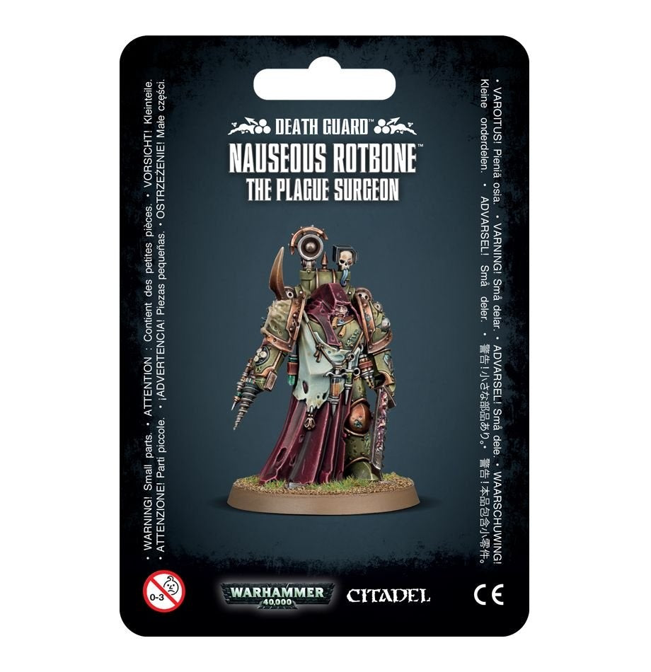 A painted Nauseous Rotbone miniature stands on a round base against a dark teal-and-black package card, wearing weathered green armor and a burgundy hood and cloak, with medical tools and a blade. The card reads “DEATH GUARD” and “NAUSEOUS ROTBONE THE PLAGUE SURGEON.”