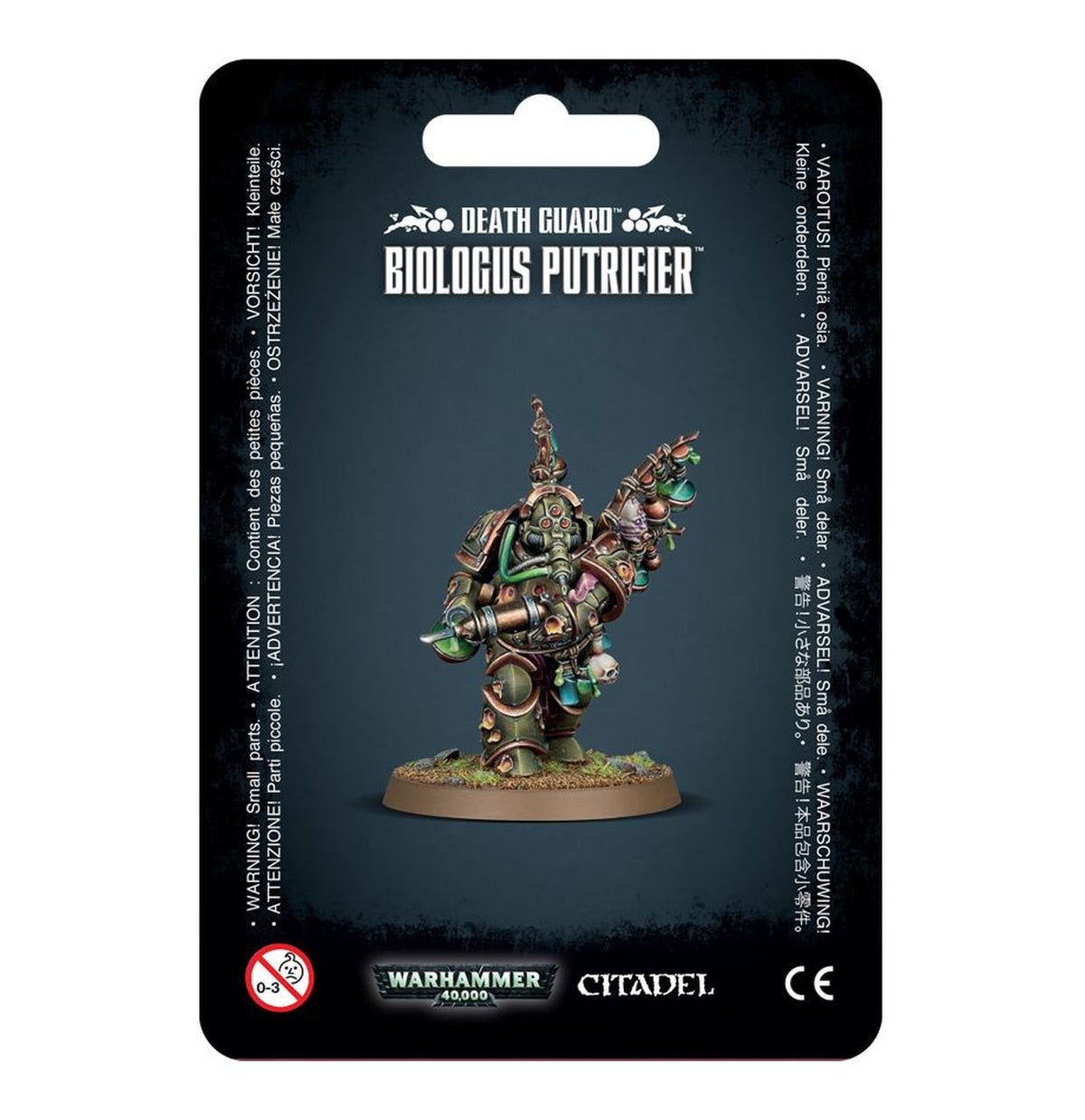 Front of a black hanging package showing a small armored, tentacled miniature with green and rust-brown details on a round base. White text reads “DEATH GUARD” and “BIOLOGUS PUTRIFIER,” with Warhammer 40,000 and Citadel logos along the bottom.
