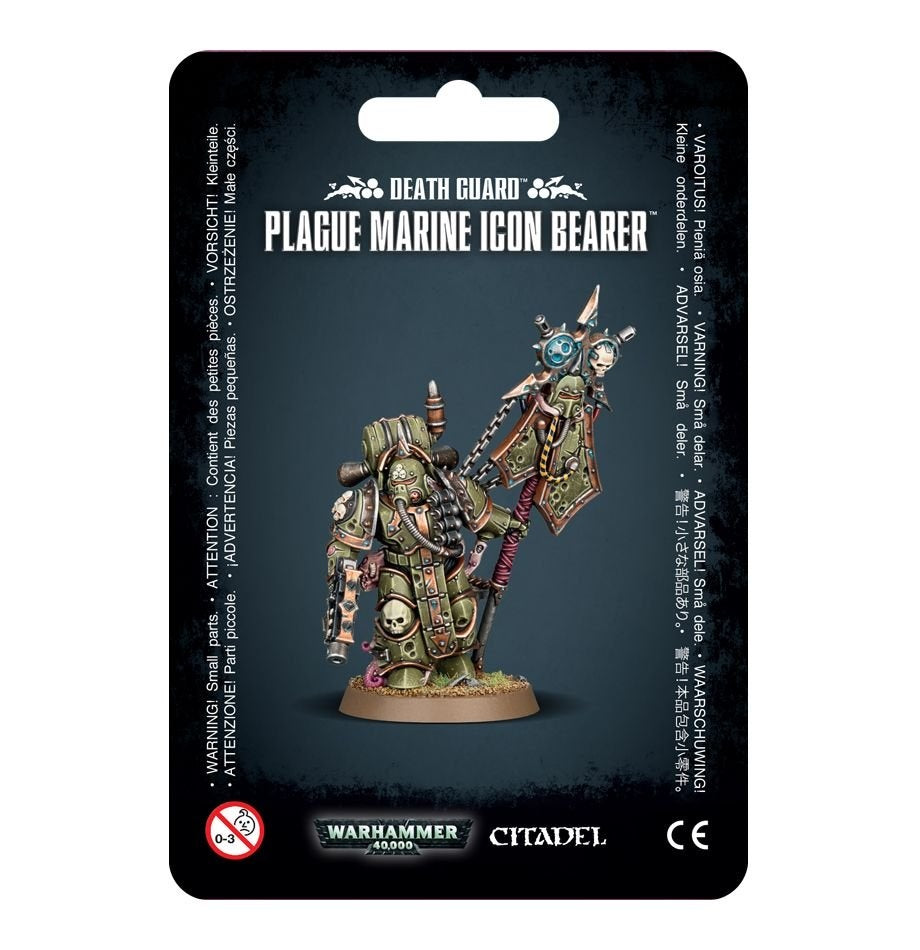 Front of a black-backed Warhammer miniature package showing a green, rusted armored Plague Marine holding a tall spiked banner with a blue circular emblem. The card reads “DEATH GUARD” and “PLAGUE MARINE ICON BEARER,” with Warhammer 40,000 and Citadel logos below.