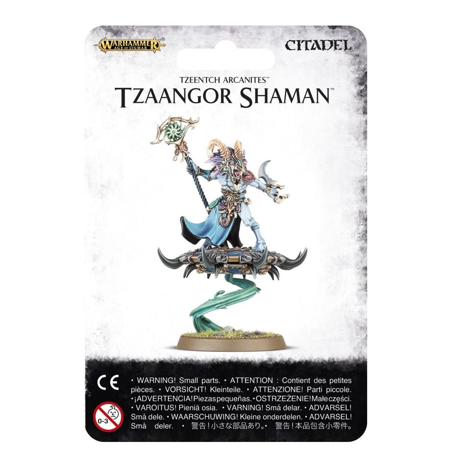 Front of a Citadel miniature package labeled “TZAANGOR SHAMAN,” showing a horned, armored figure in blue and turquoise holding a staff atop a dark, spiked disc, suspended over a grassy base by a curling green magical plume.