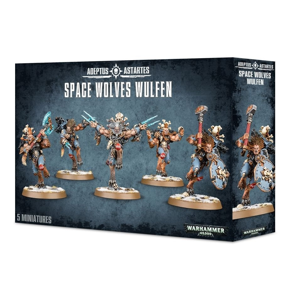 Box for Space Wolves Wulfen miniatures, showing five muscular, fur-clad warriors with icy blue weapons, shields and axes on snowy bases against a dark blue background. The front reads “SPACE WOLVES WULFEN” and “5 MINIATURES”; the right side repeats a warrior illustration.