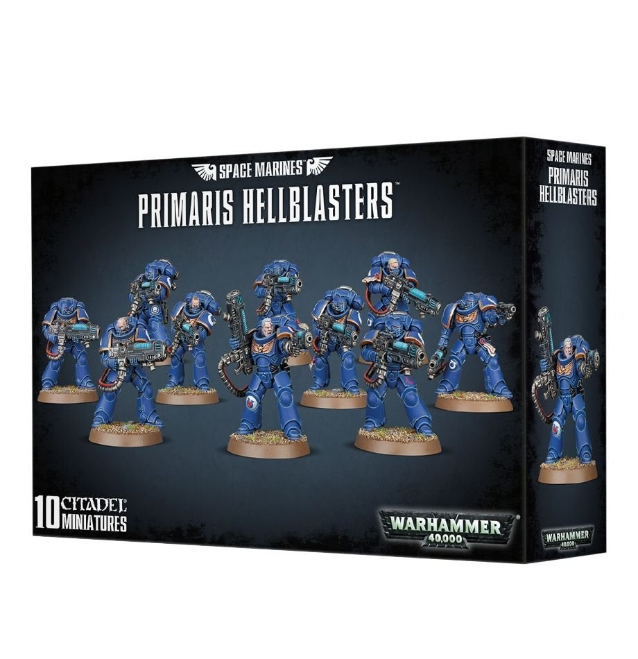 Black box for Primaris Hellblasters, showing a squad of blue-armored Space Marine miniatures with guns on round bases across the front and one miniature on the side. The box reads “PRIMARIS HELLBLASTERS” and “10 CITADEL MINIATURES.”