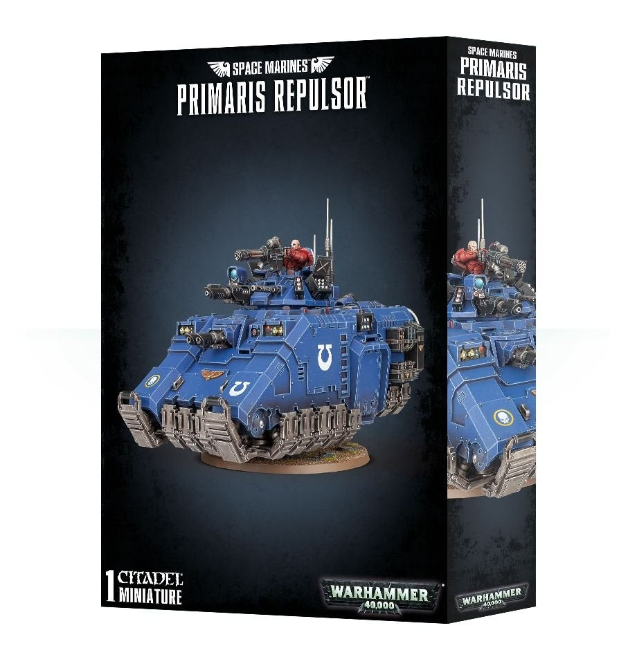 Black box for a Space Marines Primaris Repulsor miniature, showing a blue armored, weapon-covered vehicle with a red-armored figure on top. The narrow side repeats the vehicle artwork; the front reads “SPACE MARINES PRIMARIS REPULSOR” and “1 CITADEL MINIATURE.”
