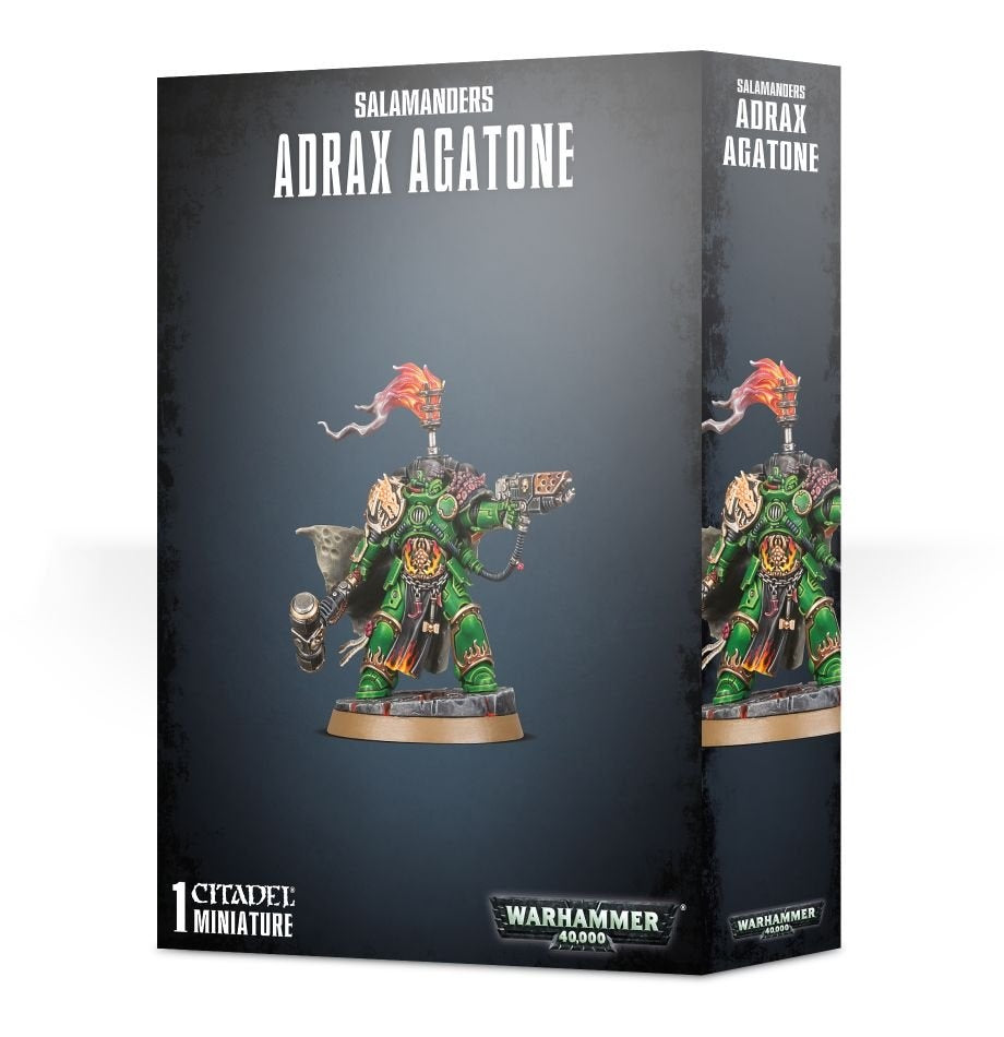 Dark gray Games Workshop box showing a green armored Adrax Agatone miniature with a red-orange flame plume, weapons and round base on the front; the side repeats the figure. Text reads “SALAMANDERS ADrax AGATONE,” “1 CITADEL MINIATURE” and “WARHAMMER 40,000.”