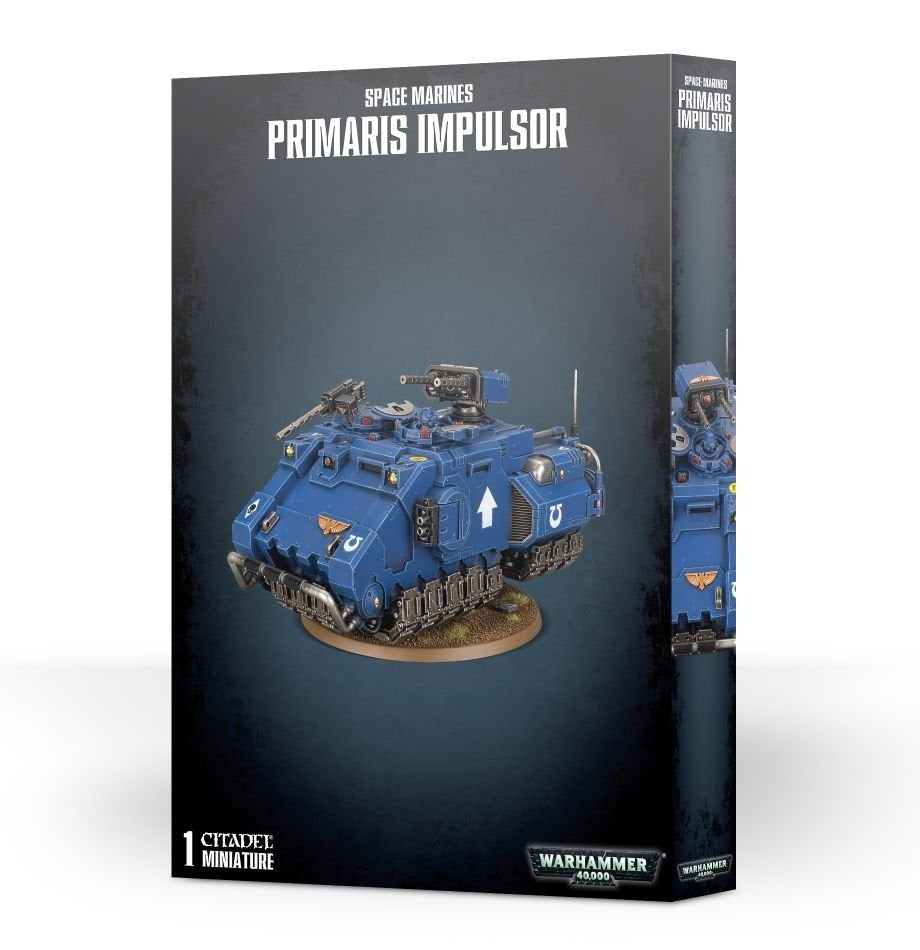 Box for a Space Marines: Primaris Impulsor miniature, showing a blue, white-marked tracked armored vehicle with roof weapons on a round base. The front reads “SPACE MARINES” and “PRIMARIS IMPULSOR”; a narrow side panel shows another view.