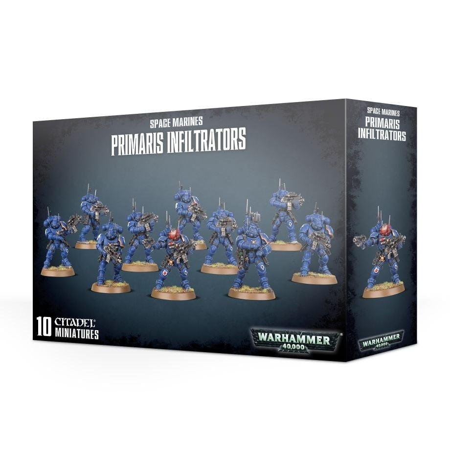 Box for Space Marines: Primaris Infiltrators, shown from the front and right side, with blue armored miniature soldiers carrying rifles across the dark gray front. The box reads “SPACE MARINES PRIMARIS INFILTRATORS” and “10 CITADEL MINIATURES.”