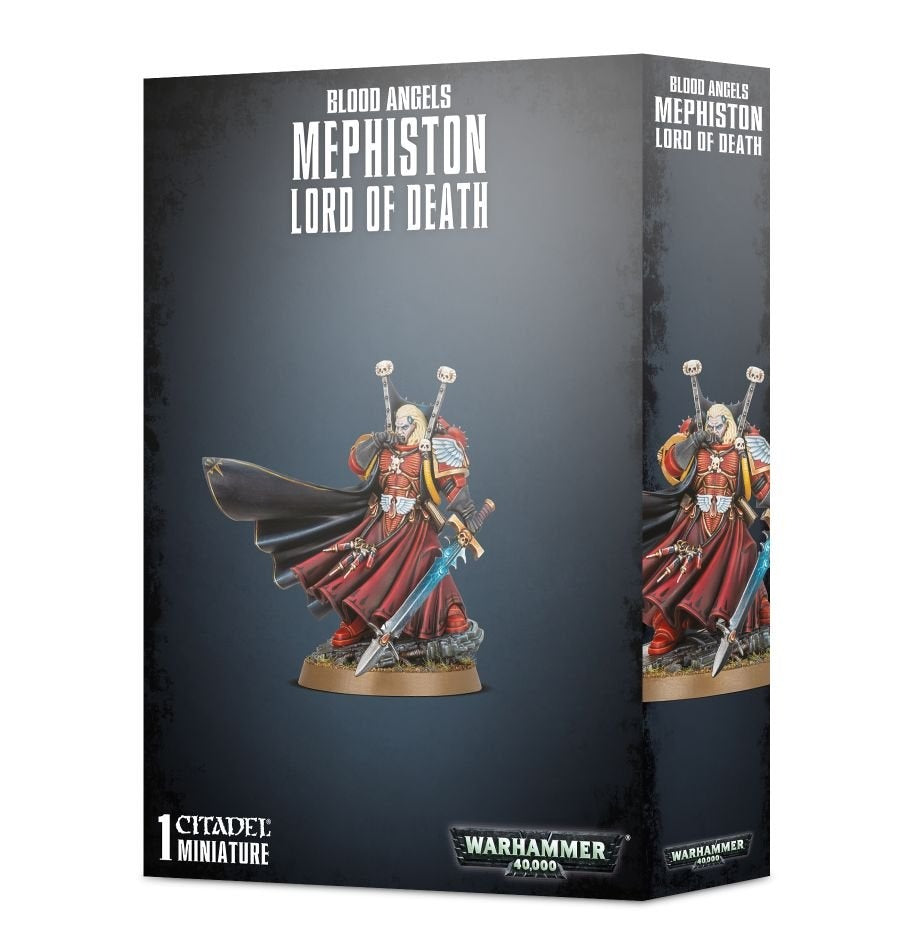 Dark gray box for a Blood Angels: Mephiston miniature, shown from the front and right side. Both panels depict a red-armored figure in a flowing dark cape holding a blue sword, with text including “MEPHISTON LORD OF DEATH” and “1 CITADEL MINIATURE.”