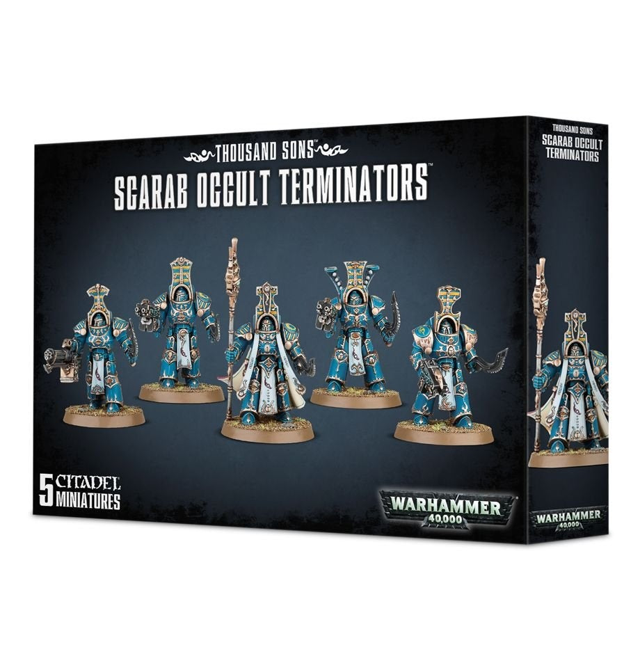 Black game box shown from the front and right side, illustrated with five blue-and-gold armored Scarab Occult Terminator miniatures on round bases. The front reads “THOUSAND SONS” and “SCARAB OCCULT TERMINATORS,” with “WARHAMMER 40,000” branding.