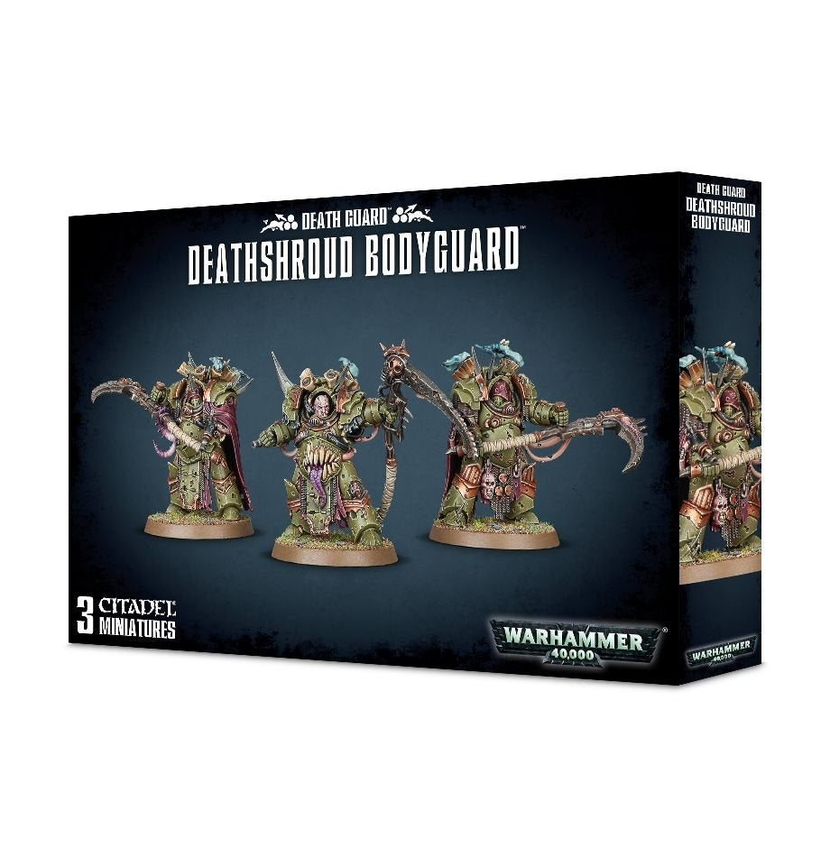 Box for Death Guard: Deathshroud Bodyguard miniatures, showing three bulky green-armored figures with rust-colored details and oversized curved scythes on the front, with one figure repeated on the side. The box reads “DEATH GUARD,” “DEATHSHROUD BODYGUARD,” and “3 CITADEL MINIATURES.”