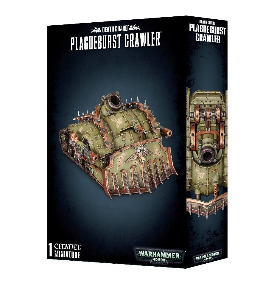 Black Death Guard: Plagueburst Crawler box showing a weathered olive-green tracked vehicle with a spiked dozer blade and mounted guns; the side panel shows a top-down view. Text reads “DEATH GUARD,” “PLAGUEBURST CRAWLER” and “WARHAMMER 40,000.”