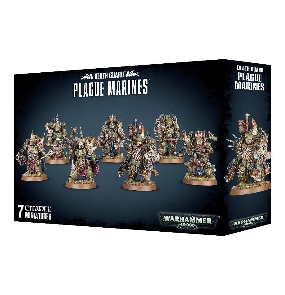 Dark navy box showing seven heavily armored, weathered green and rust-colored figures with varied weapons on round bases; the front and right side display the miniatures. Text reads “DEATH GUARD,” “PLAGUE MARINES” and “7 CITADEL MINIATURES.”
