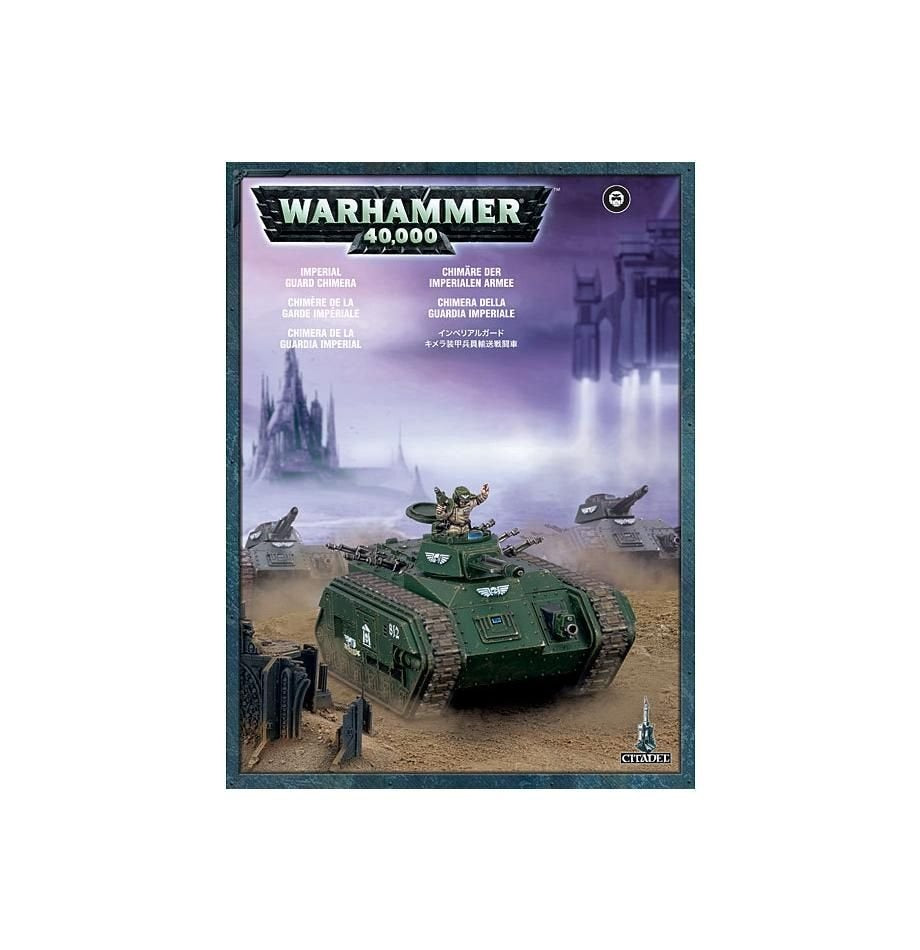 Front of a Warhammer 40,000 Chimera miniature box, showing a dark green tracked armored vehicle with a small soldier emerging from its turret on a dusty battlefield. The logo reads “WARHAMMER 40,000.”