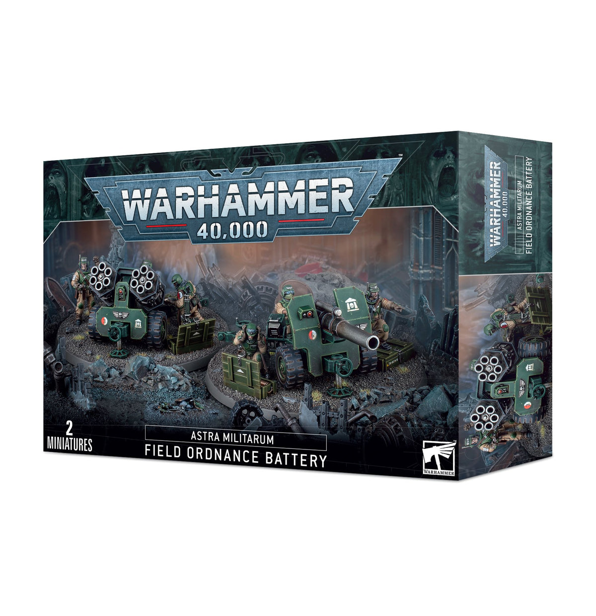 Angled view of a dark green Warhammer miniature box, with front artwork showing soldiers and two field artillery units on rocky ground; the right side repeats the artwork. The box reads “WARHAMMER 40,000,” “ASTRA MILITARUM FIELD ORDNANCE BATTERY,” and “2 MINIATURES.”