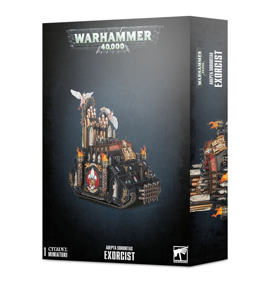 Black Warhammer 40,000 box showing an ornate black, red and gold Exorcist tank miniature with tall gothic towers, winged figures and flame details. The front reads “ADEPTA SORORITAS EXORCIST” and “1 CITADEL MINIATURE”; the right side shows another partial view of the tank.