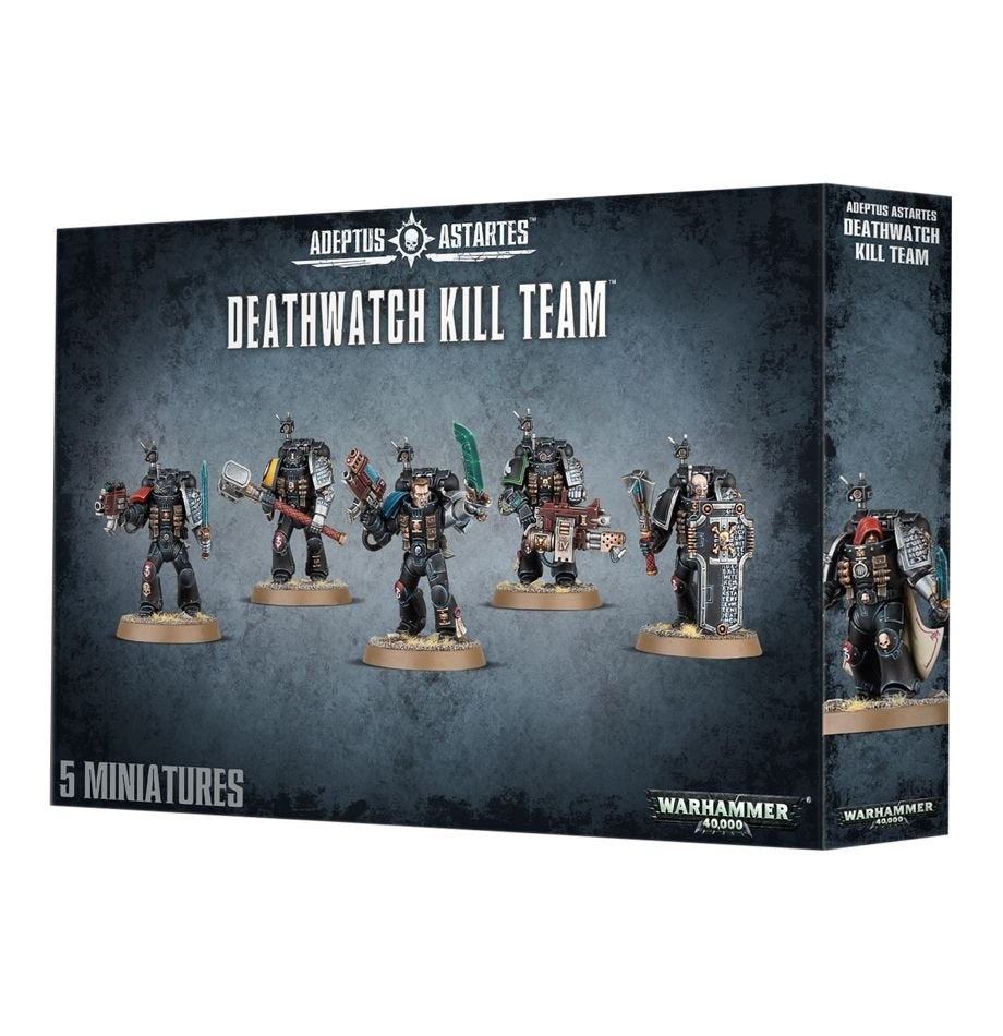 A dark gray-blue Deathwatch: Veterans box shows five black-armored sci-fi soldier miniatures with varied weapons on the front, plus a figure pictured on the narrow side panel. The box reads “DEATHWATCH KILL TEAM” and “5 MINIATURES.”
