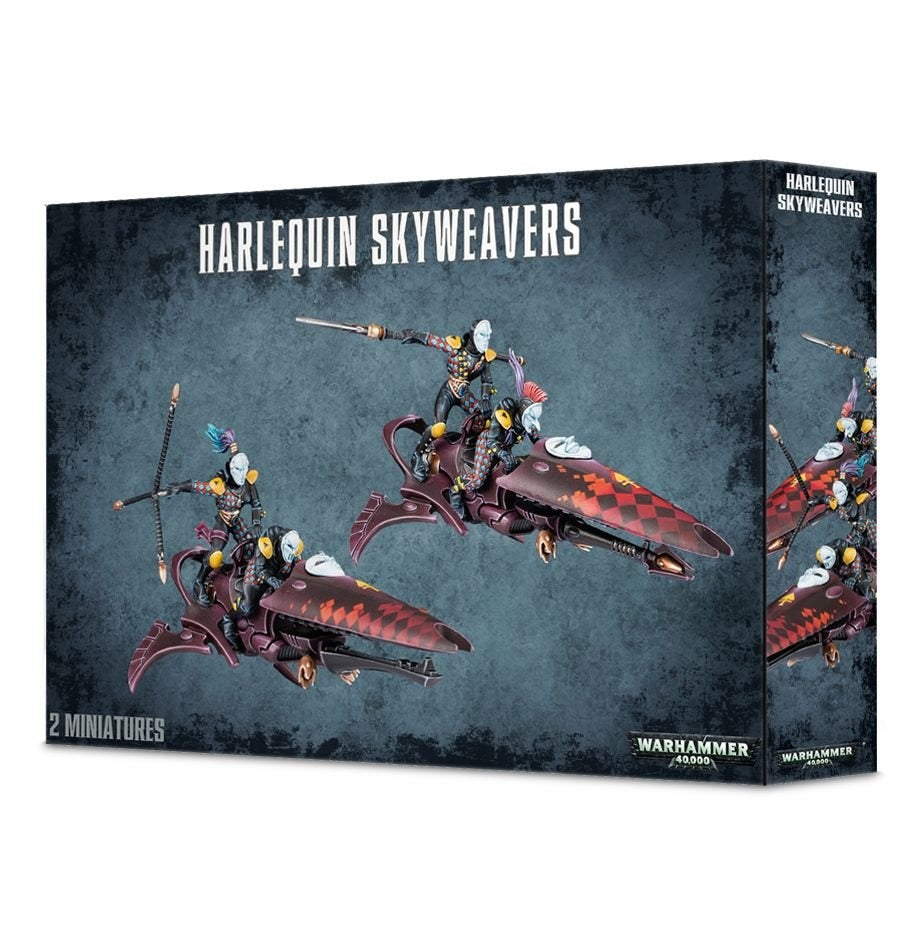 Box for Harlequin Skyweavers showing two masked riders on sleek flying bikes with burgundy and red-orange checkerboard panels, plus a partial repeat of the artwork on the right side. The front reads “HARLEQUIN SKYWEAVERS” and “2 MINIATURES.”