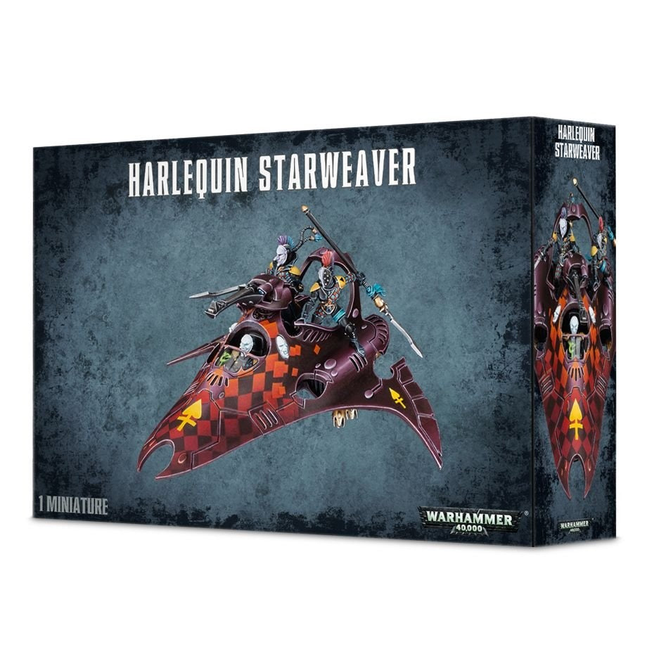 Box for a Harlequin Starweaver miniature, shown at an angle with front and side panels visible. The artwork depicts a dark maroon flying craft with red and orange checkerboard markings and several riders; the front reads “HARLEQUIN STARWEAVER” and “1 MINIATURE.”