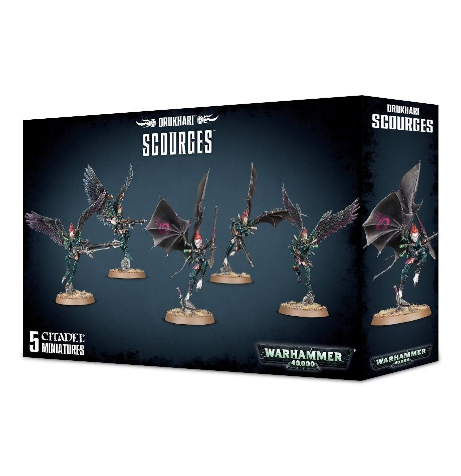 Dark blue and black Drukhari Scourges miniature box showing five winged, teal-armored figures with weapons on round bases across the front and side panels. The box reads “DRUKHARI SCOURGES,” “5 CITADEL MINIATURES” and “WARHAMMER 40,000.”