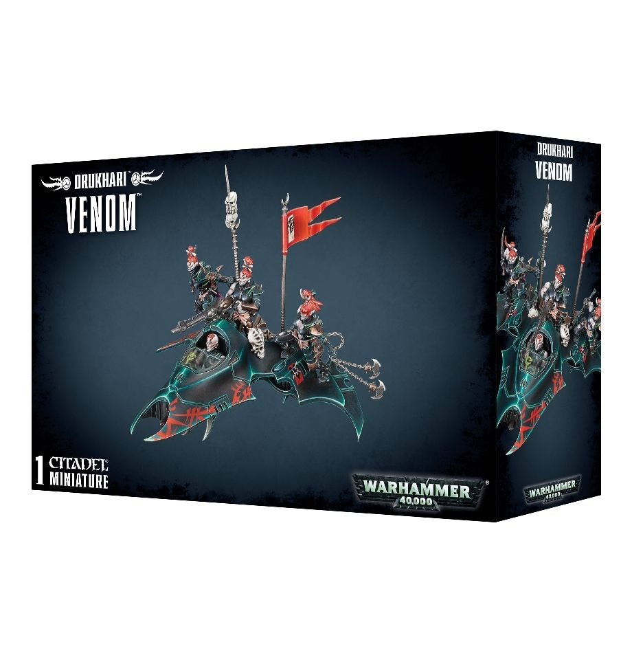 Black Drukhari Venom miniature box shown from the front and right side, with artwork of a dark flying vehicle carrying armored figures, accented in teal and red. The front reads “DRUKHARI VENOM” and “WARHAMMER 40,000.”