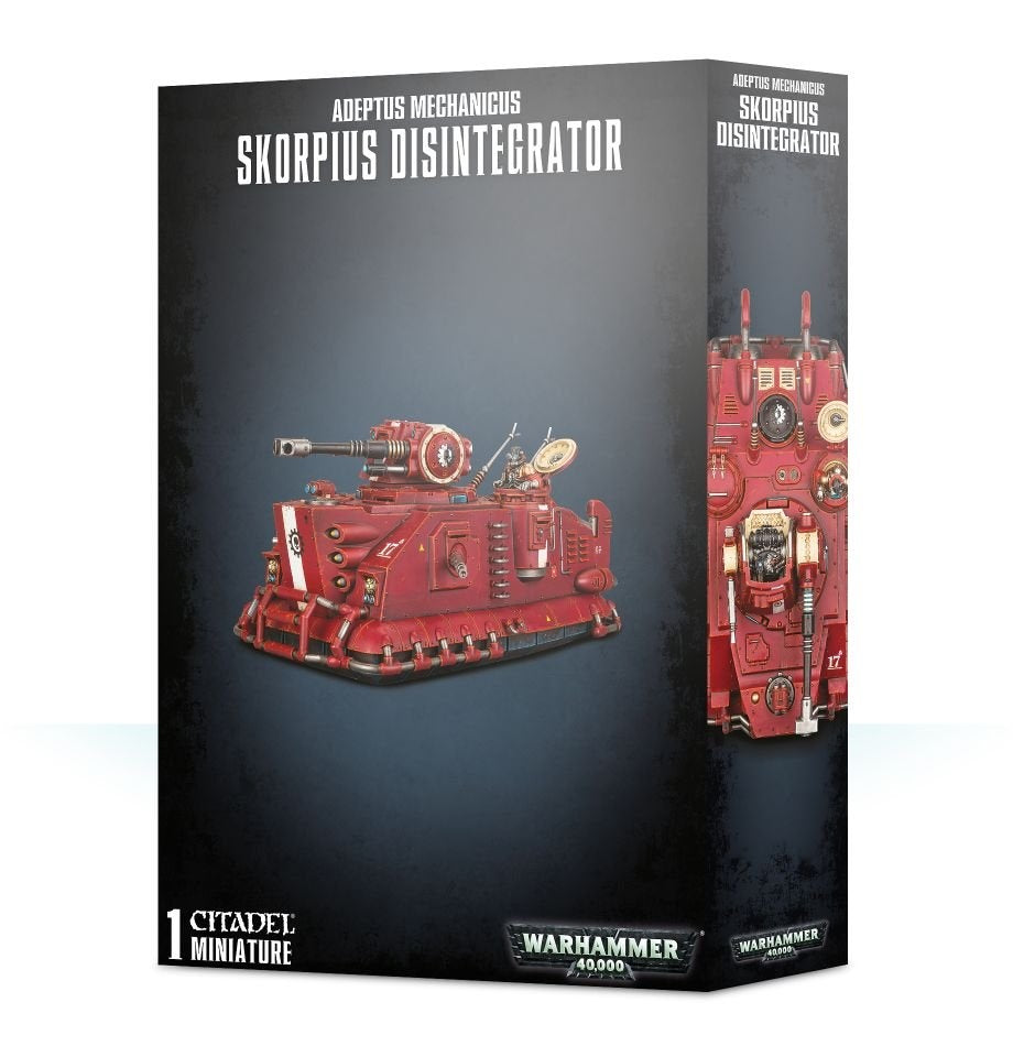 Black Warhammer 40,000 box showing a red, heavily armored Skorpius Disintegrator miniature with a long turret gun on the front and a top-down view on the side panel. The front reads “ADEPTUS MECHANICUS” and “SKORPIUS DISINTEGRATOR.”