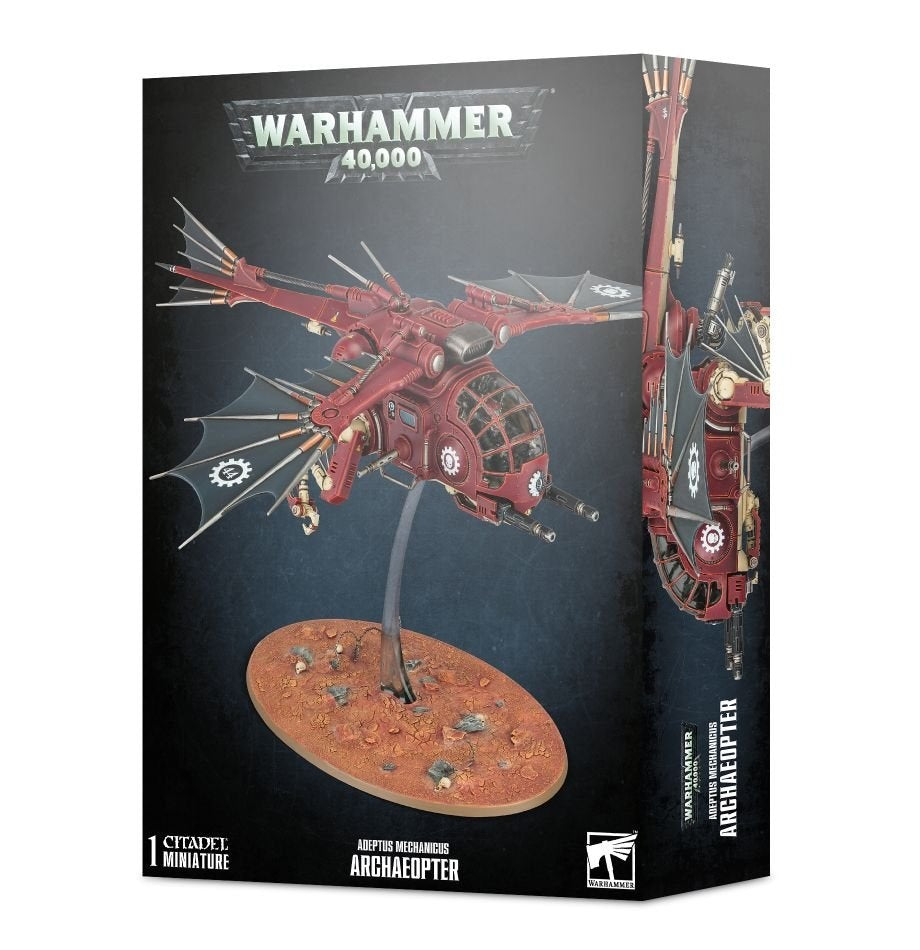 Box for an Adeptus Mechanicus Archaeopter miniature, showing a red aircraft with a glass-front cockpit, black insignia-marked wings and a curved stand on a rocky oval base; the narrow side shows a close-up. The front reads “WARHAMMER 40,000” and “ARCHAEOPTER”.
