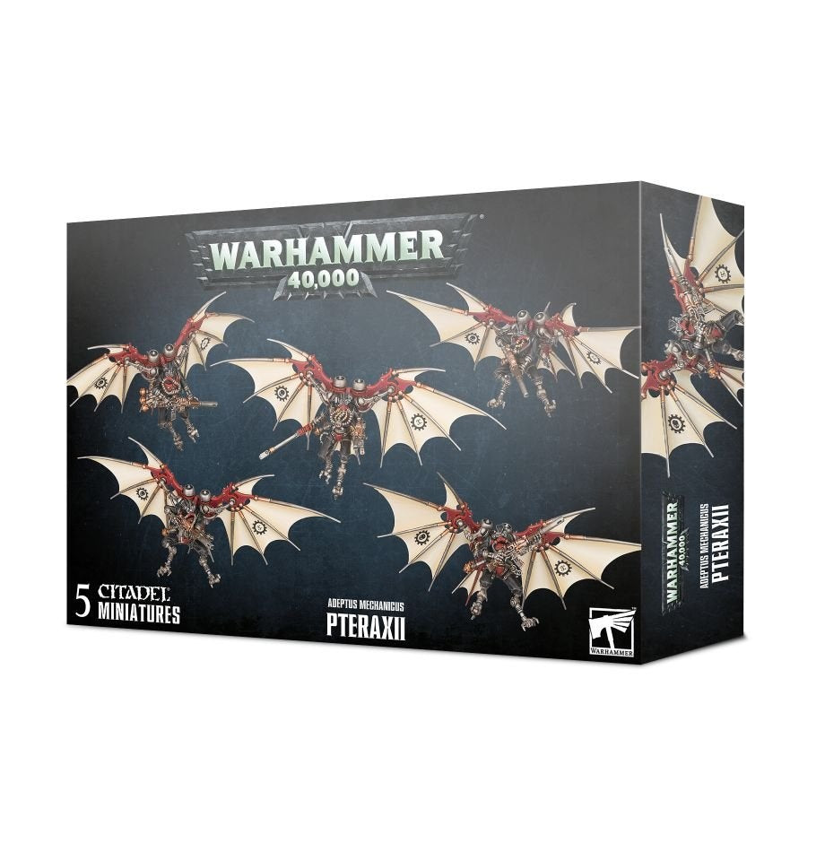 Warhammer 40,000 miniature set box, shown from the front and right side, with artwork of red and metallic winged figures with pale cream, batlike wings. The front reads “WARHAMMER 40,000,” “5 CITADEL MINIATURES,” and “ADEPTUS MECHANICUS PTERAXII.”