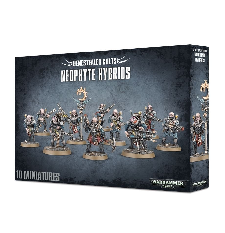 Dark blue-gray box for Genestealer Cults: Neophyte Hybrids, shown from the front and right side. The front depicts a lineup of armed, armored sci-fi miniatures and reads “GENESTEALER CULTS,” “NEOPHYTE HYBRIDS” and “10 MINIATURES,” with the Warhammer 40,000 logo near the bottom.