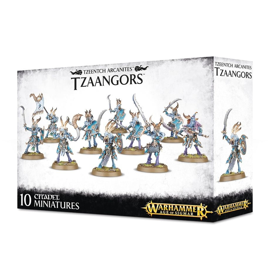 White Warhammer Age of Sigmar box showing ten blue, white and gold horned, birdlike warriors with curved weapons and shields; one miniature is pictured on the side panel. The box reads “TZAANGORS” and “10 CITADEL MINIATURES”.