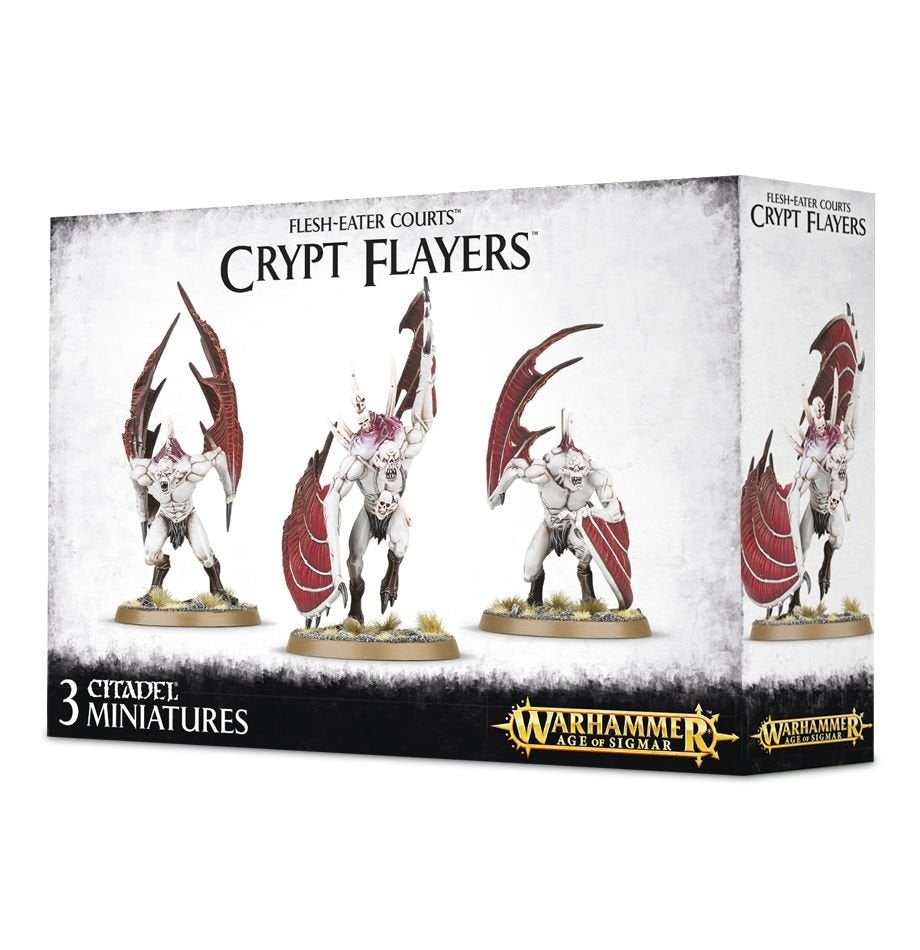 Box for three Crypt Flayers miniatures, showing pale, muscular winged creatures with large red batlike wings on round bases across the front and one repeated on the side panel. The box reads “CRYPT FLAYERS” and “3 CITADEL MINIATURES.”