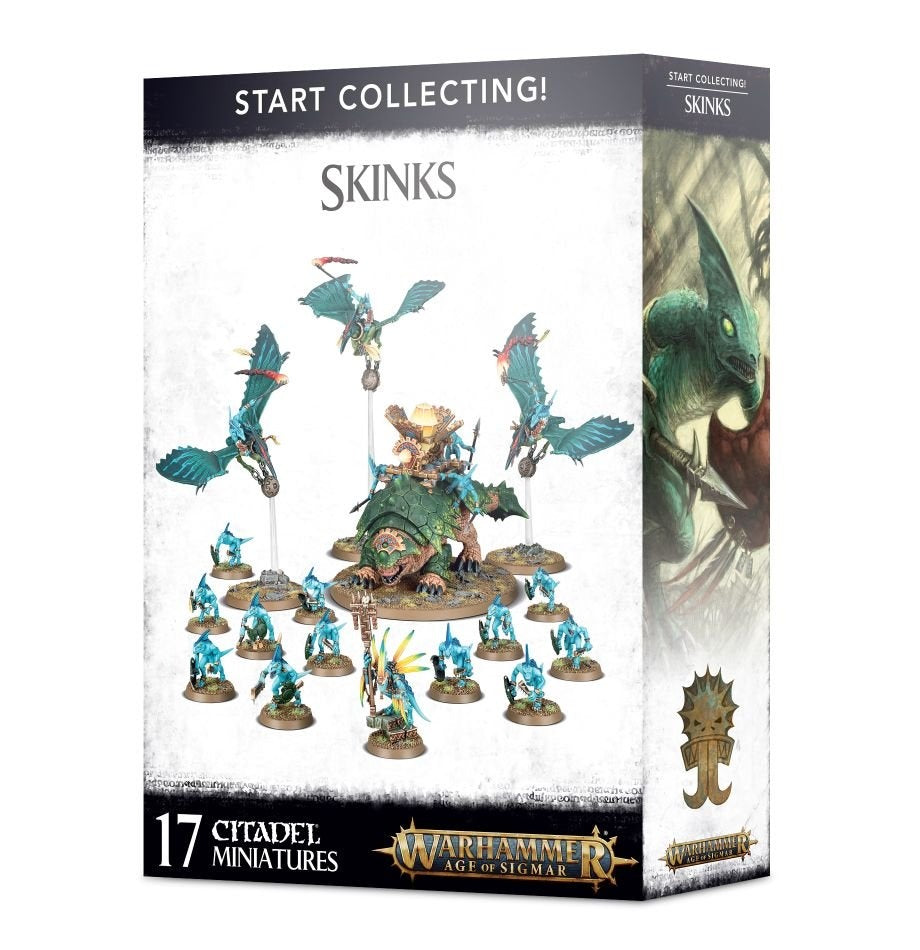 A Skinks miniature set shown on a box, with turquoise lizard warriors, flying riders and a large green armored beast pictured on the front; the side shows a close-up creature illustration. Text reads “START COLLECTING!” and “SKINKS.”