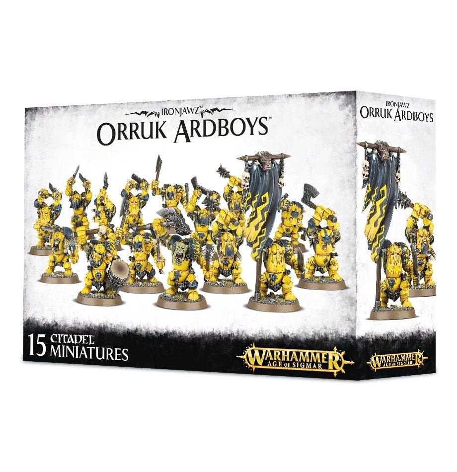 Box for Orruk Ardboys miniatures, shown from the front and right side. The artwork features a group of yellow-armored orruks with weapons and a dark banner; the front reads “ORRUK ARDBOYS” and “15 CITADEL MINIATURES.”