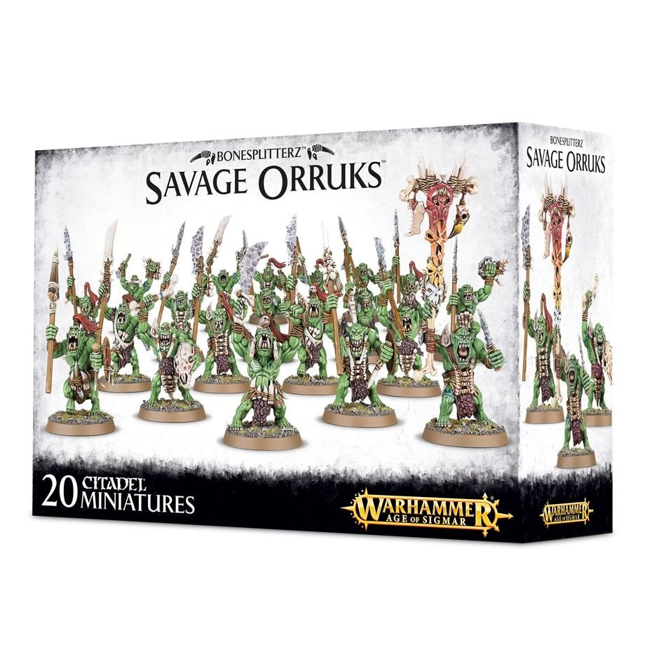 Box for Savage Orruks miniatures, shown from the front and right side, with green muscular fantasy warriors wielding spears, blades and shields. The packaging reads “BONESPLITTERZ,” “SAVAGE ORRUKS,” “20 CITADEL MINIATURES” and “WARHAMMER AGE OF SIGMAR.”
