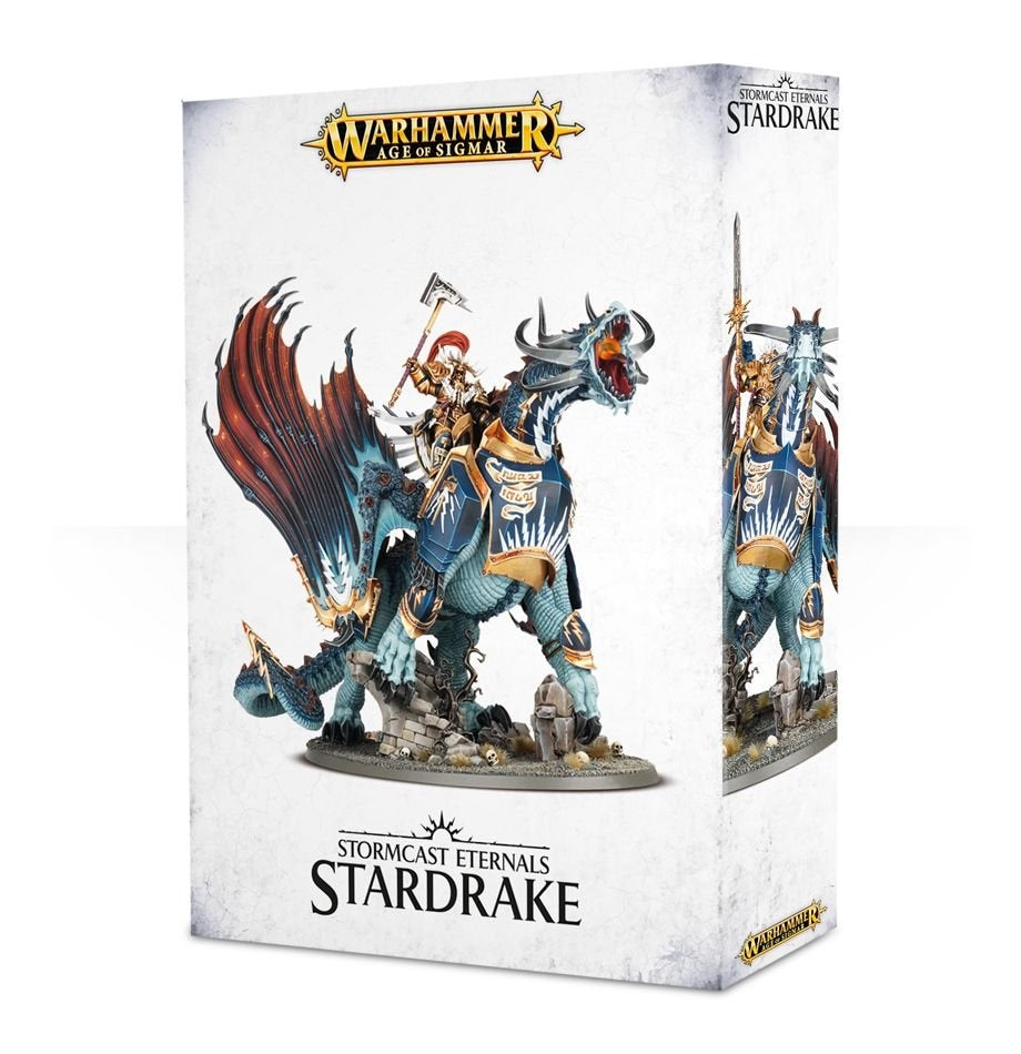 White box for a miniature featuring a blue, armored Stardrake with a rider, spread reddish wings and a rocky base; a second view appears on the side panel. The front reads “WARHAMMER AGE OF SIGMAR” and “STORMCAST ETERNALS STAR DRAKE.”