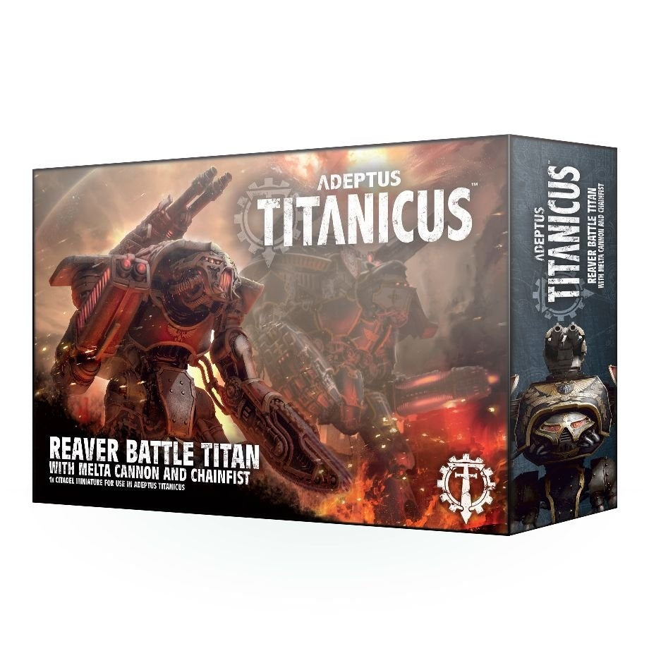 Box for an Adeptus Titanicus Reaver Battle Titan miniature kit, with fiery artwork of a red-and-dark armored giant wielding weapons. The front reads “ADEPTUS TITANICUS” and “REAVER BATTLE TITAN WITH MELTA CANNON AND CHAINFIST”; the right side shows a close-up of the Titan.