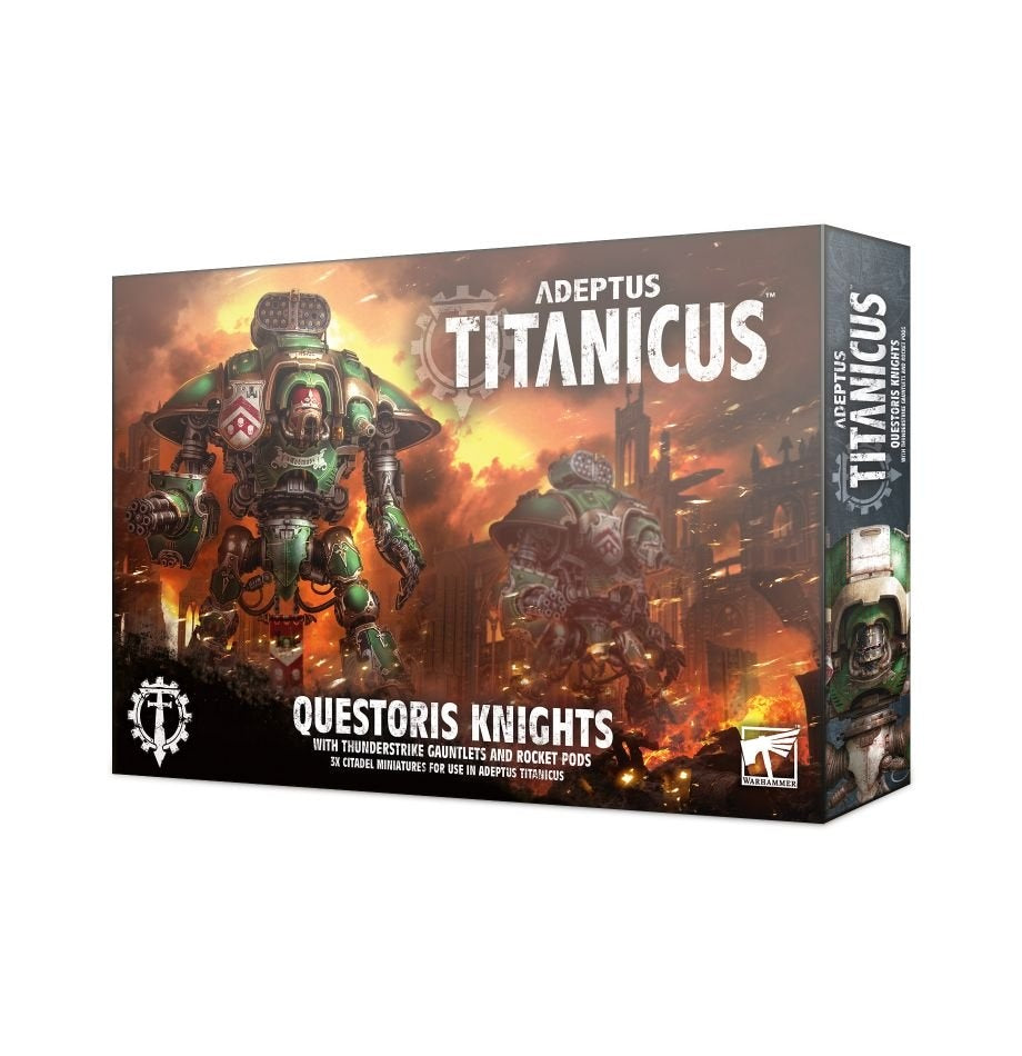 A game box shown at an angle, with artwork of two green armored Questoris Knights amid a fiery, ruined battlefield. The front reads “ADEPTUS TITANICUS” and “QUESTORIS KNIGHTS,” with the box spine visible at right.