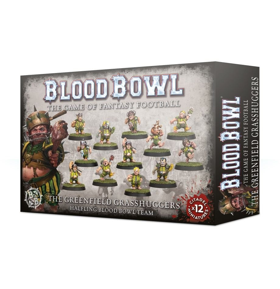 Box for a Blood Bowl halfling miniature team, shown from the front and right side. The artwork displays a group of small figures in green and yellow uniforms and a larger armored character; prominent text reads “BLOOD BOWL” and “THE GREENFIELD GRASSHUGGERS.”