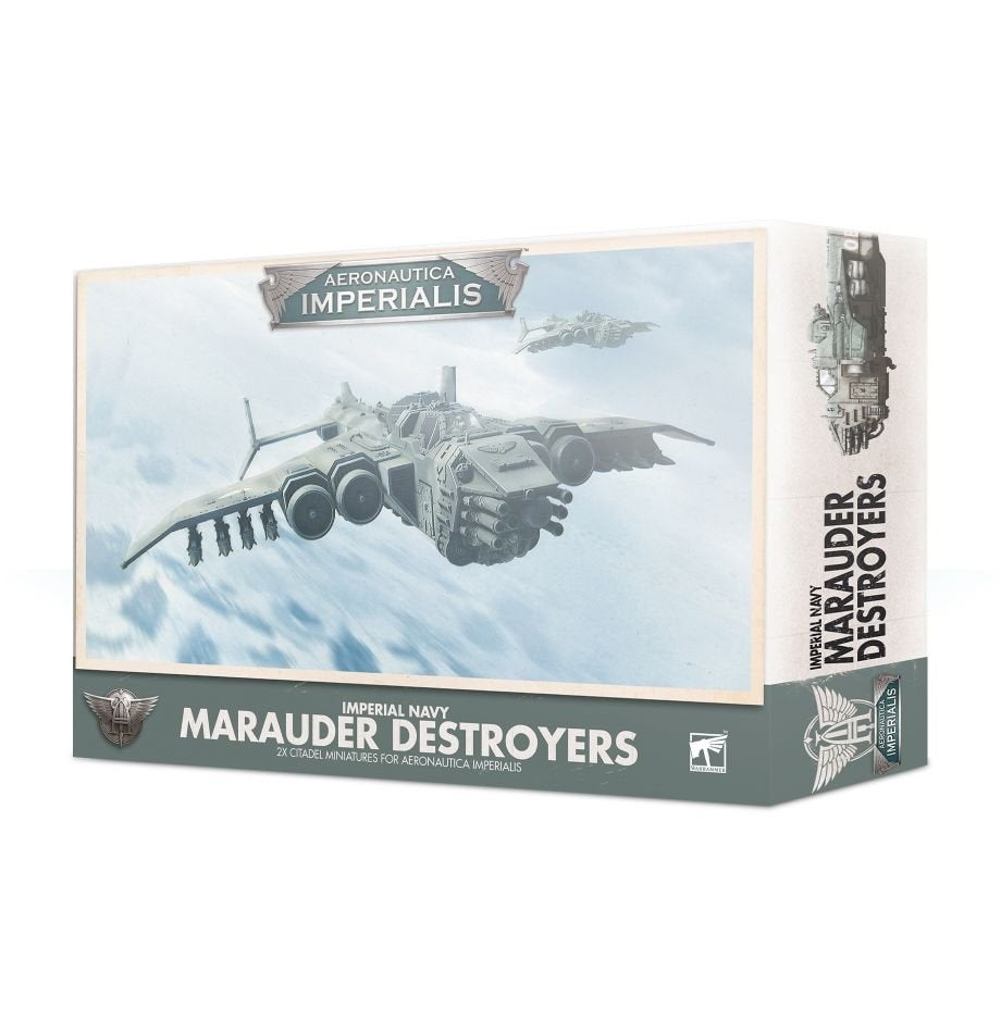 Box for Aeronautica Imperialis miniatures, shown from the front and right side. The pale blue and gray artwork features a large gray aircraft flying through clouds; the front reads “AERONAUTICA IMPERIALIS” and “MARAUDER DESTROYERS.”