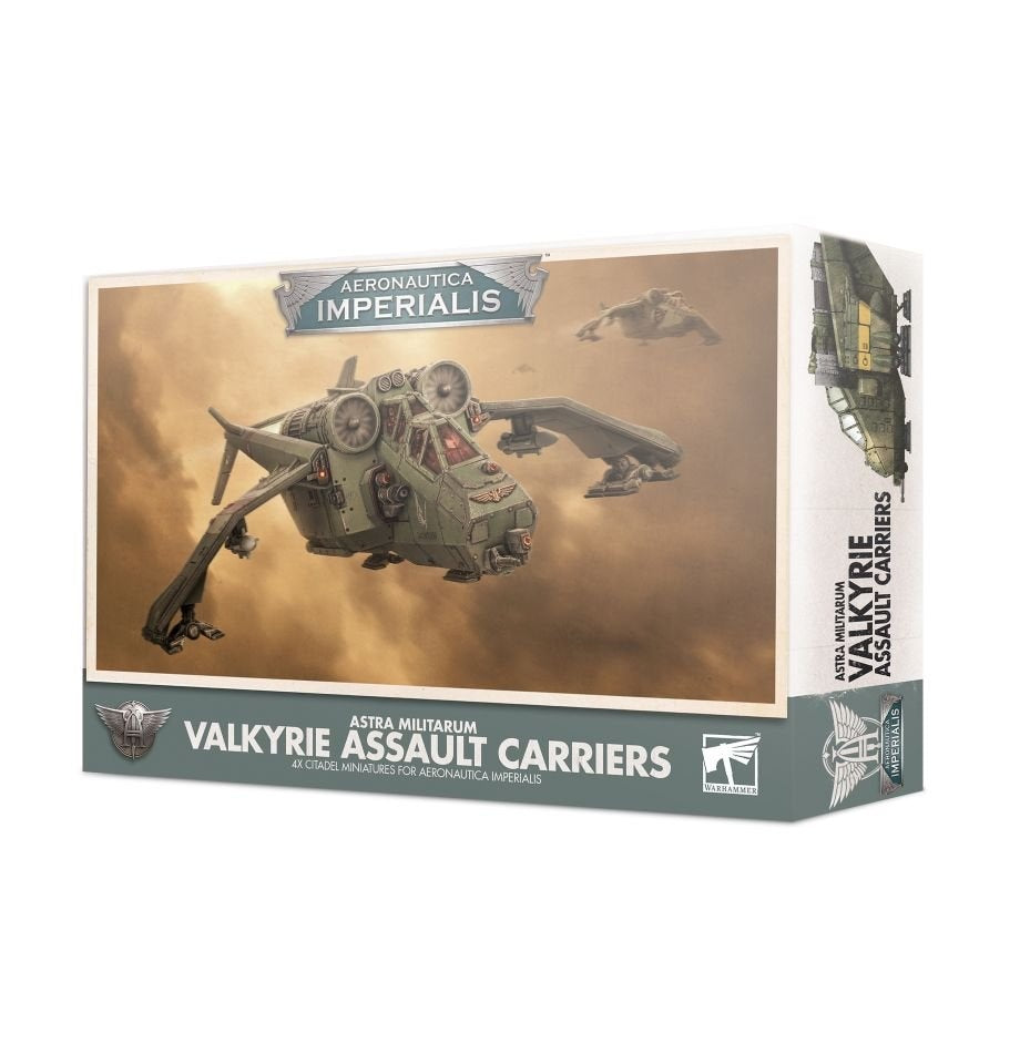 Angled view of a Valkyrie Assault Carriers miniature set box, with a green aircraft and smaller craft pictured against a dusty tan sky. The front reads “AERONAUTICA IMPERIALIS” and “VALKYRIE ASSAULT CARRIERS”; the right side shows an aircraft illustration and vertical title.