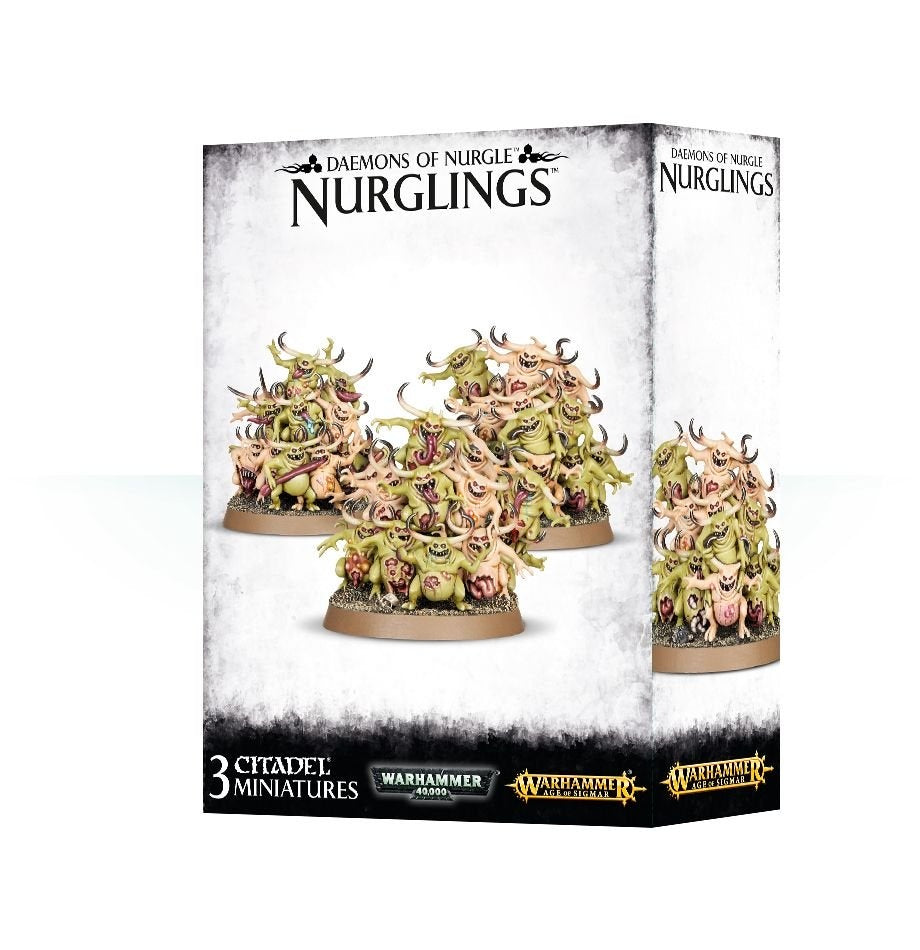 Box for Nurglings miniatures showing three crowded towers of small green and pink horned creatures on round brown bases; the front reads “DAEMONS OF NURGLE” and “NURGLINGS,” with a smaller view of a tower on the side.