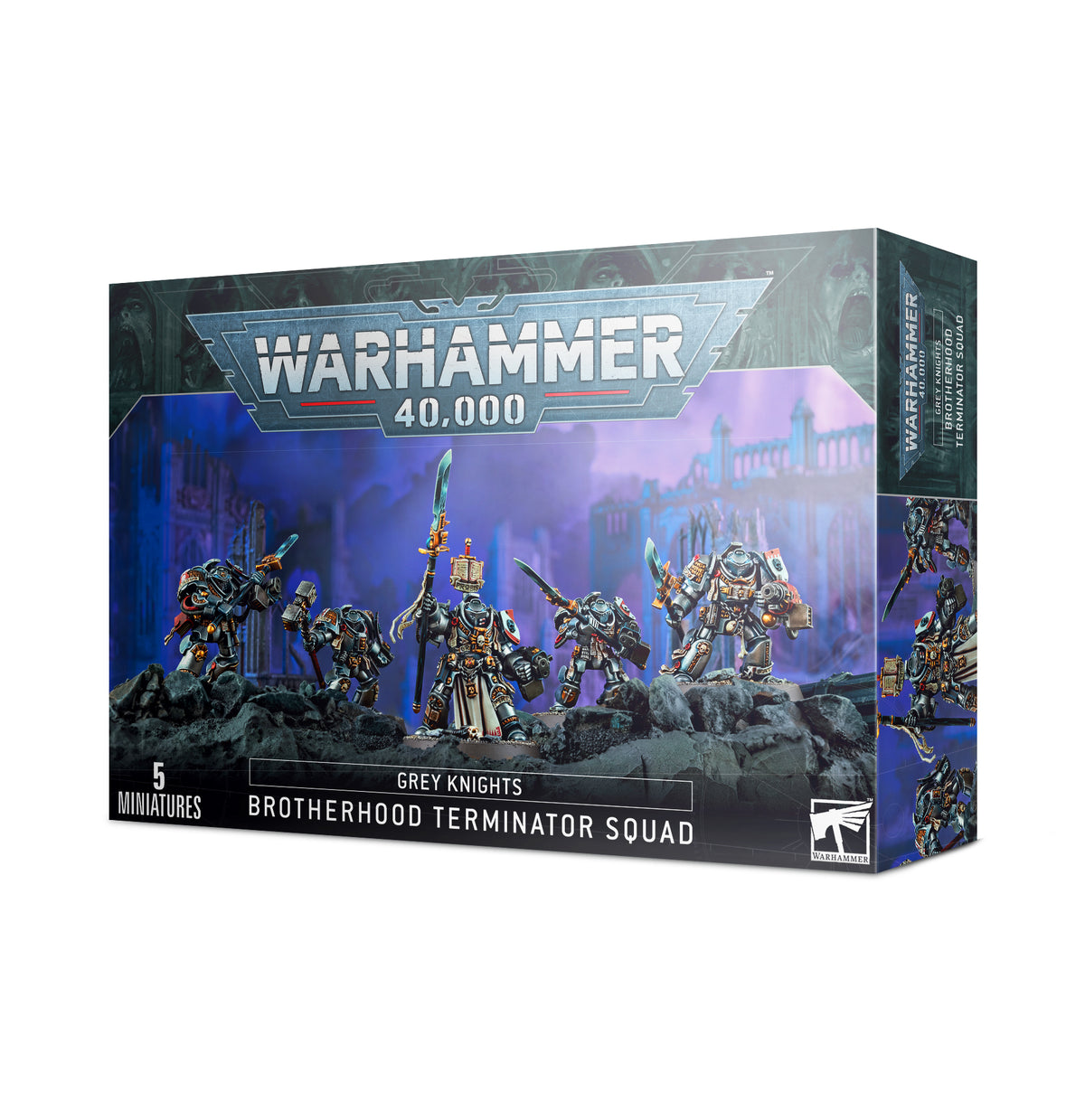 Boxed Grey Knights Brotherhood Terminator Squad set shown from the front and right side, with artwork of five silver-armored sci-fi warriors carrying weapons against a blue and purple backdrop. The front reads “WARHAMMER 40,000,” “GREY KNIGHTS,” and “BROTHERHOOD TERMINATOR SQUAD.”