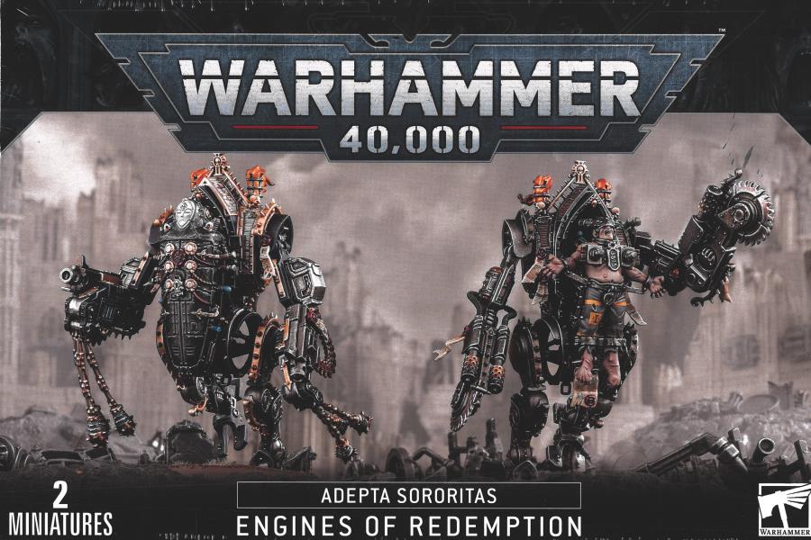 Box front for Adepta Sororitas: Engines of Redemption, showing two dark, heavily armed mechanical miniatures with saws and flails against a ruined-city backdrop. The package reads “WARHAMMER 40,000” and “2 MINIATURES.”