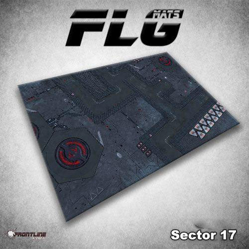 Sector 17 gaming mat shown at an angle, printed with a dark gray sci-fi industrial layout, panel lines, red circular markings and a row of white triangular symbols. The image also displays “FLG MATS” and “Sector 17.”