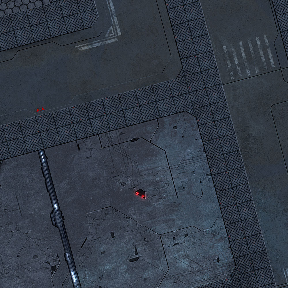 Close-up of the FLG Mats: Sector 17 gaming mat’s dark gray sci-fi terrain design, with large angular metal-like floor panels, fine black grid sections, etched lines and a few small red lights.