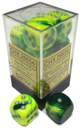 Chessex: Gemini Green-Yellow/Silver Set of 12 D6 Dice