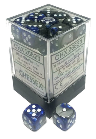 Chessex: Gemini Blue-Steel/White Set of 36 D6 Dice