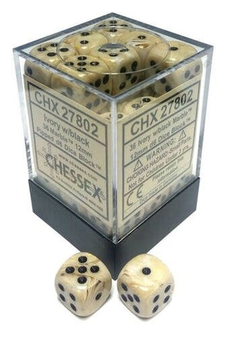 Chessex: Marble Ivory/Black Set of 36 D6 Dice